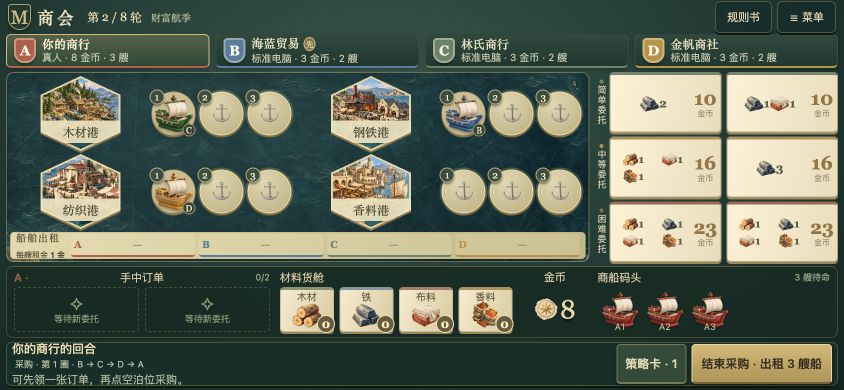 A real landscape gameplay screen showing four illustrated ports, ships, orders, and the player's goods