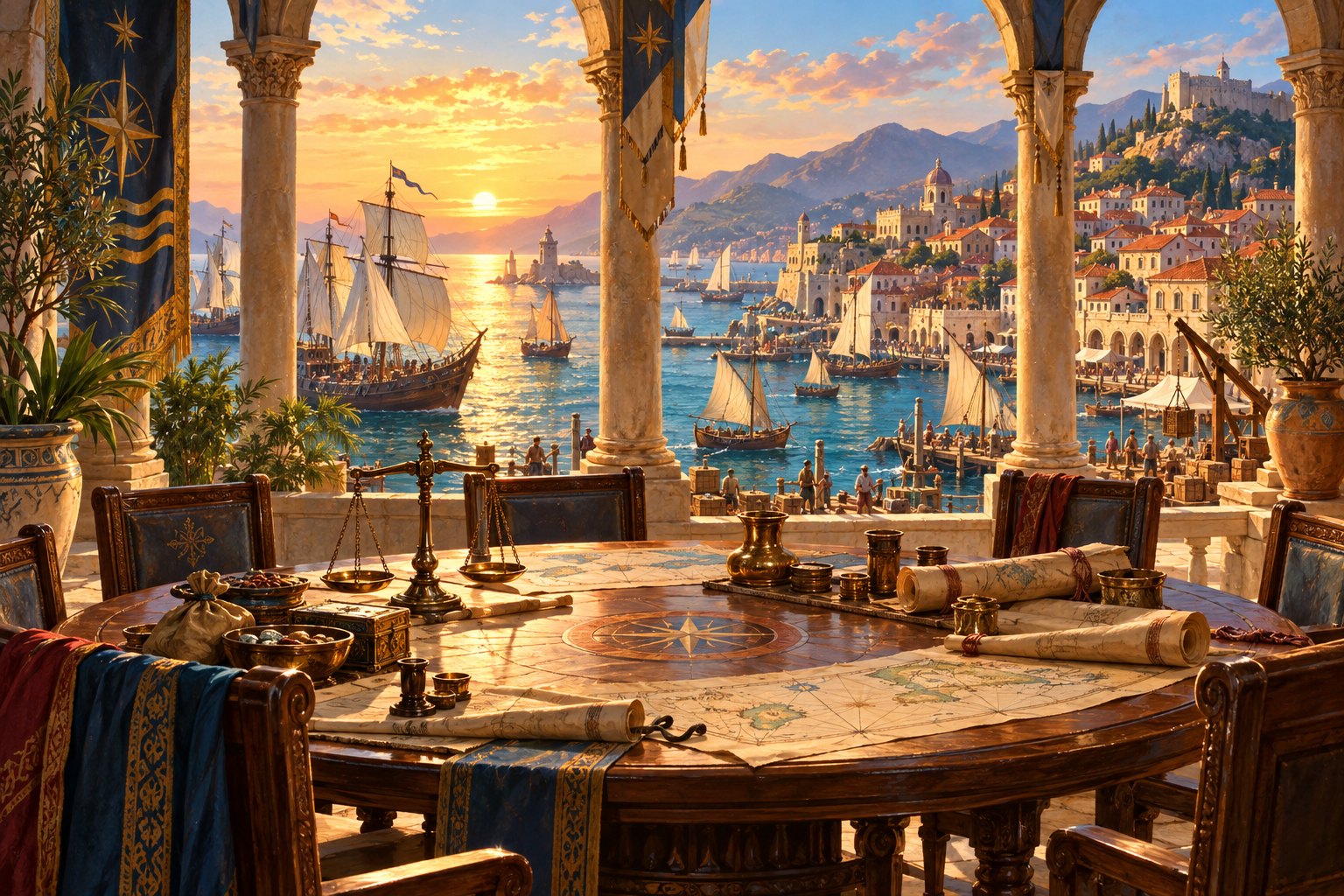 Illustrated island harbor artwork from Island Trade Routes story mode